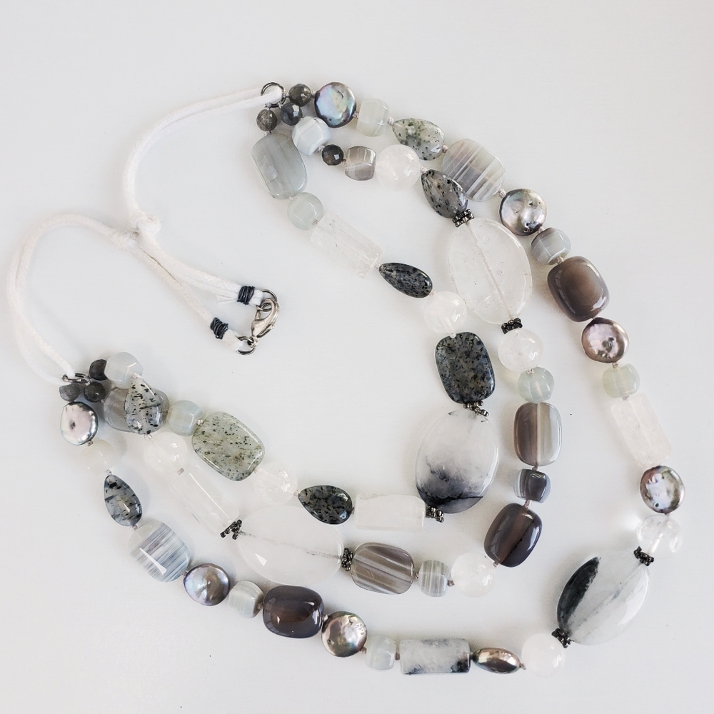 Triple Strand Statement Necklace Natural Stone Silver Pearl Agate Quartz